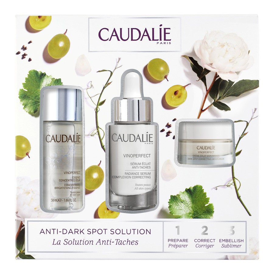 Caudalie Anti Dark Spot Solution Set 3 pcs เซ็ตเอสเซนส์เซรั่มและครีมที่ขายดีที่สุดของแบรนด์ ช่วยลดเลือนจุดด่างดำ รอยแผลเป็นจากสิว พร้อมปรับสภาพผิวเรียบเนียน