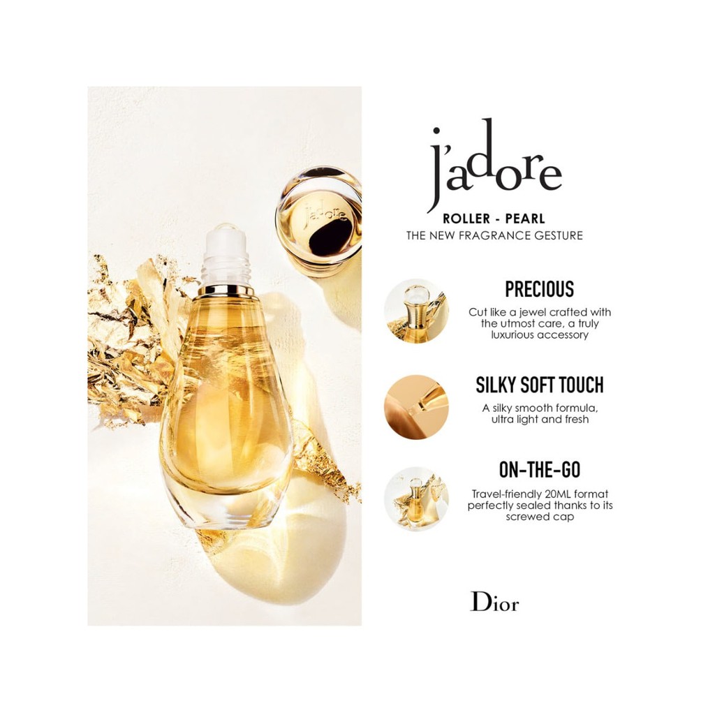 Dior J'Adore Eau De Parfum Roller Pearl 20ml น้ำหอมหัวลูกกลิ้ง กลิ่นหรูหราที่สะท้อนความเป็นสาวสังคมที่มีลุคมาดมั่น ด้วยกลิ่นหอมของมวลดอกไม้และฟรุ้ตตี้ ให้ความรู้สึกสดชื่น มีเสน่ห์