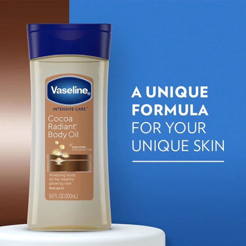 Vaseline Intensive Care Cocoa Radiant Body Oil 200ml , vaseline cocoa oil 200ml , Vaseline Cocoa Glow , วาสลีนโกโก้ , วาสลีน , ออยบำรุงผิว , บอดี้ออยล์โกโก้