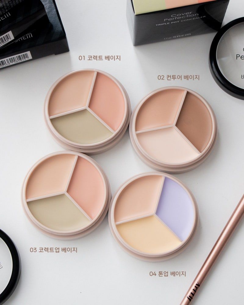 The Saem Cover Perfection Triple pot concealer #03 Correct-up Beige 4.5g. , The Saem  , thesaem , เครื่องสำอางเกาหลี ,คอนซีลเลอร์ , the saem concealer ซื้อที่ไหน , บาล์ม คอนซีลเลอร์ 3 หลุม The saem